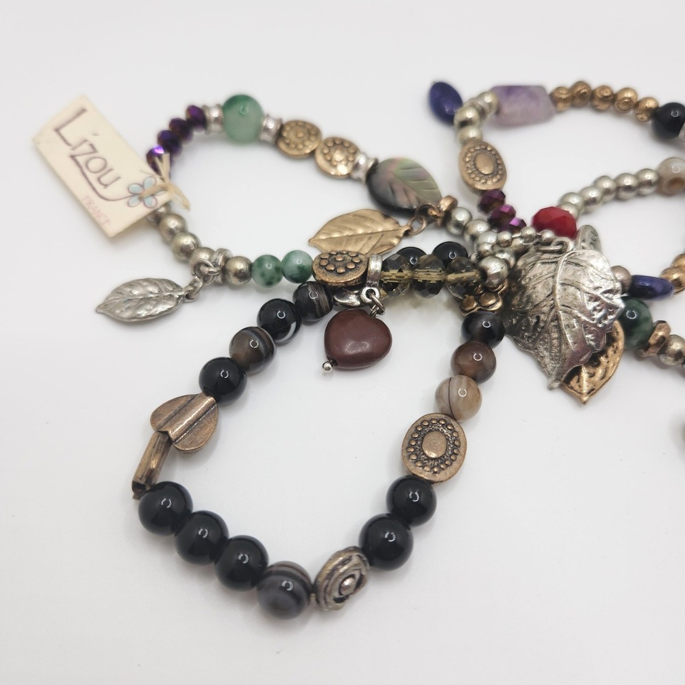 Boho Gemstones Glass Leaf Charms MOP 4 Stretch Bracelets Set Stackable Hippie - Picture 2 of 10